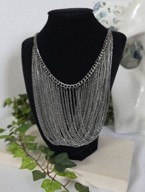 Gunmetal Multi-Strand Chain Drape Bib Necklace - Industrial Statement